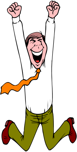 The cartoon shows a man jumping with his arms raised high above him while wearing green pants; he is celebrating an achievement in front of what appears to be a black background.