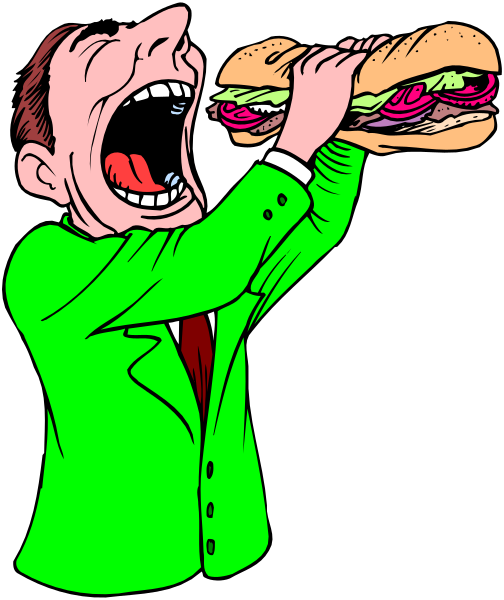 The illustration shows a man wearing a suit with an exaggeratedly large mouth eating from it while holding up his finger as if to emphasize something he's saying; there is no text present in this image, and all elements appear static without any implied movement or action beyond what has been described.