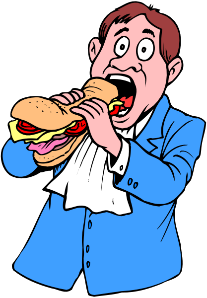 The cartoon shows a man wearing a blue suit with white shirt holding an oversized sandwich that is almost as tall as him in his hands while he appears to be eating it.