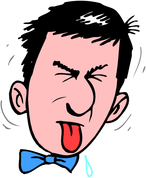 The cartoon shows a man with his tongue out making an exaggerated face of disbelief while looking to the side; he is wearing glasses and has dark hair.