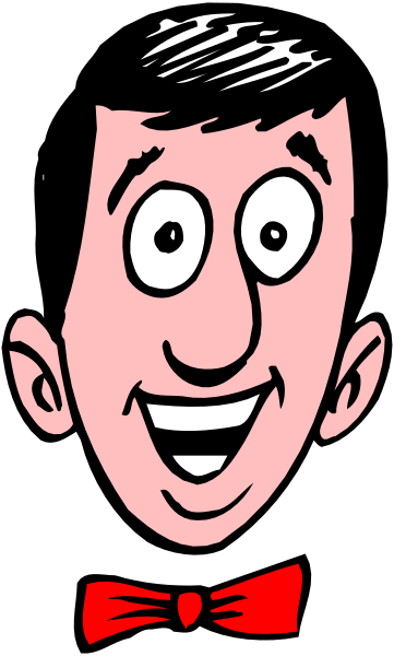 The image shows a cartoon of an animated character with exaggerated facial features such as large eyes and eyebrows, wearing red suspenders over his shoulders, smiling broadly at something off-camera to its right side in front of what appears to be a black background or silhouette that could represent the outline of another figure.