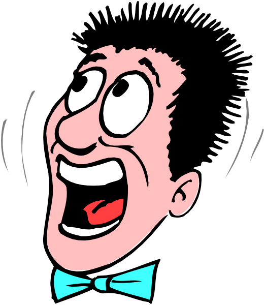 The cartoon shows a man with an exaggerated expression of surprise or shock; he has blue hair, is wearing a bow tie, and appears to be in mid-motion as if reacting strongly to something offscreen.