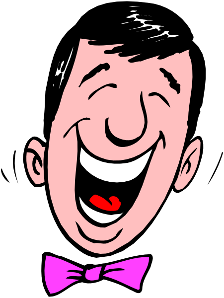 The cartoon shows a man with exaggerated facial features laughing heartily while wearing a purple bow tie; he has dark hair and is smiling broadly at something off-frame to his right.