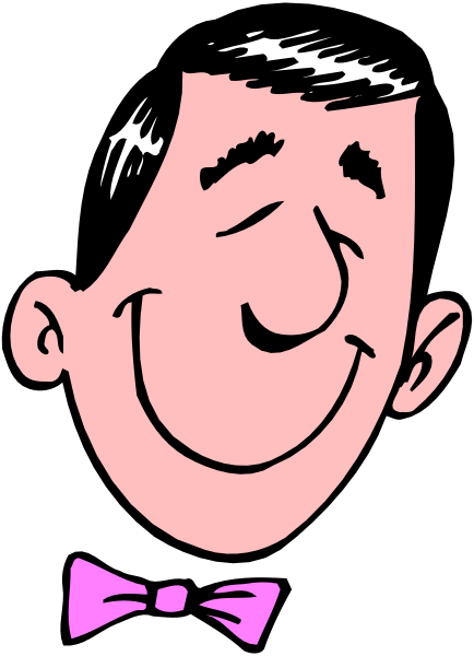 The black and white illustration shows a cartoon man with exaggerated facial features such as large eyes and eyebrows, wearing a bow tie, smiling broadly at an unseen audience while standing in front of what appears to be curtains on either side.