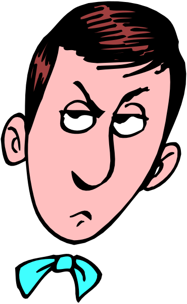 The image shows a black and white illustration of an animated character with exaggerated facial features looking to his right side while standing against a vertical striped background that resembles curtains.