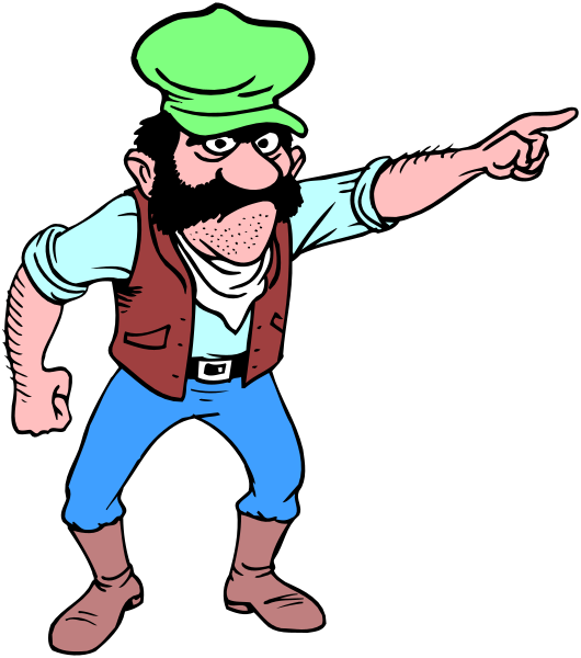 The cartoon shows a man with mustache pointing his finger to something off frame while wearing blue jeans, suspenders, boots, vest, cap, and holding what appears to be an object in hand; he is standing against dark background.