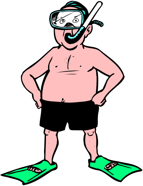 The cartoon shows a man wearing scuba gear standing on land with flippers around his ankles; he is smiling broadly at something off-camera to his right side of image.