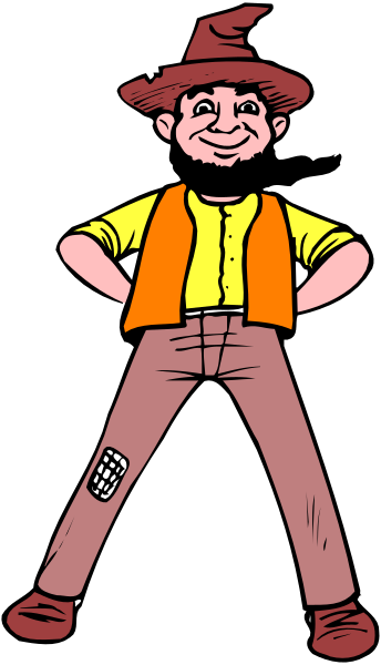 The illustration shows a cartoon character dressed as an orange construction worker standing next to another figure that appears to be wearing red pants with suspenders over them; both characters have exaggerated facial features typical of clip-art styles, and there is no background detail provided in this image.