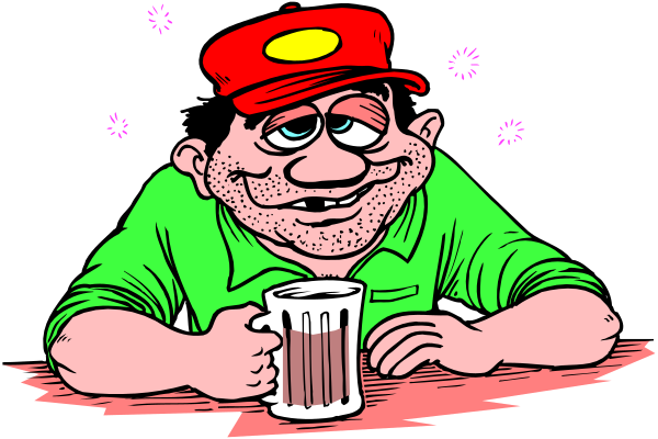 The cartoon shows a man sitting at a bar with his arms crossed over it while holding up two fingers as if toasting. He is wearing a red baseball cap that says "Yankees" on it, and he has facial hair.