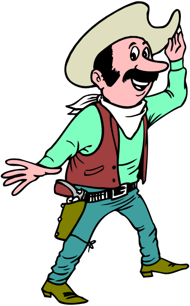 The cartoon depicts a man dressed as cowboy with his arms outstretched standing next to another figure who appears to be an animated character from a video game holding up their hands in surprise or excitement.