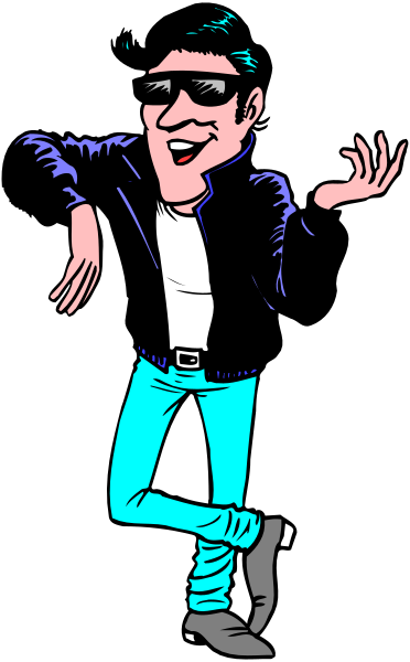 The image shows a cartoon of an adult male with sunglasses standing against a black background; he is wearing blue jeans, white sneakers, and has his arms outstretched as if dancing or gesturing to someone off-camera.