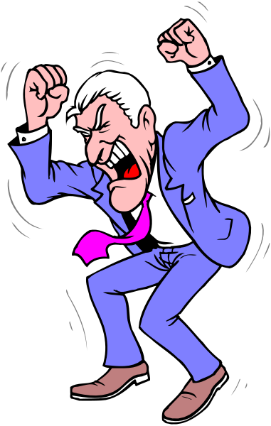 The cartoon shows a man dressed as an executive with his arms outstretched to either side of him while he appears surprised by something off-camera; there is no background detail provided in this image snippet, so it's not possible for me to describe any setting or additional context beyond the central figure.
