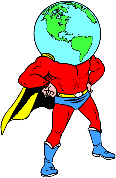 The image shows a cartoon of Superman with Earth on his head instead of wearing it around his neck as he usually does in comic books; there is no text present within this small clip-art illustration, and all other elements remain unidentified due to their size or lack of distinct features.