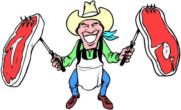 The image shows a cartoon of three steaks with tongs on them being held by an animated character who appears to be a chef in cowboy attire standing behind two large hamburgers that have been prepared and placed side-by-side, all set against a black background.