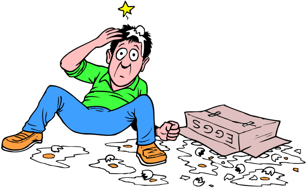 The cartoon shows a man sitting on his knees with an open box of cereal spilling around him; he is looking upwards in surprise at something above him that's out of frame.