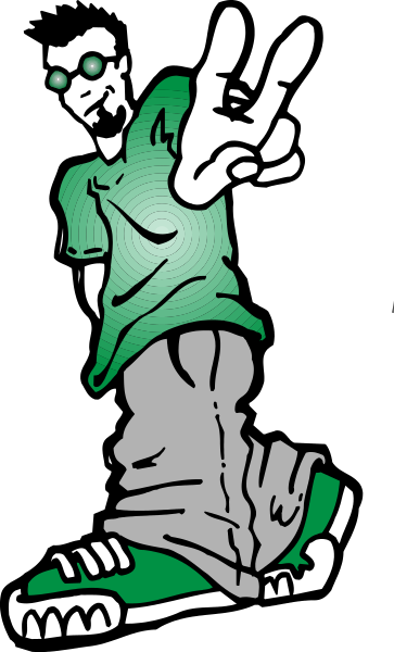 The image shows a cartoon of an animated character who appears to be male with green hair, wearing glasses, holding up two fingers in what looks like a peace sign gesture while standing on one leg against a black background that transitions into gray at the bottom and has white stripes running vertically down it.