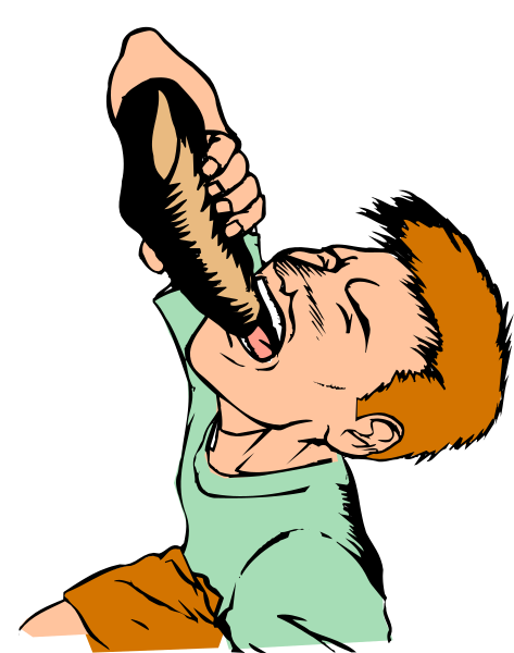 The image shows a cartoon of an animated boy with blonde hair who is holding his mouth open wide as if to take in something large; he appears surprised by what's happening around him.