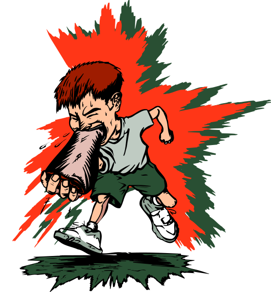 The illustration depicts a cartoon boy with an exaggerated expression of surprise or shock as he runs away from what appears to be a large explosion behind him; his right hand is raised in front of his face, and there's red smoke around the edges suggesting movement or speed.