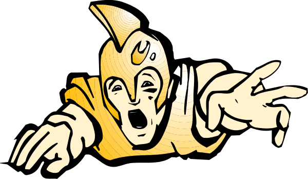 The image shows a cartoon of an animated character with exaggerated features pointing to something offscreen while standing on what appears to be a platform in front of a dark background.