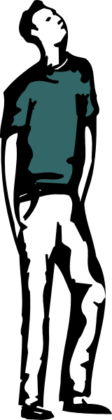 The image shows a black silhouette of an adult male figure standing against a light background with his arms at sides; he is wearing shorts and has short hair.