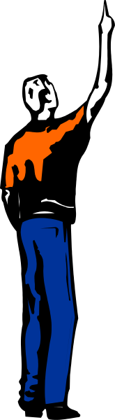 The image shows a person standing with their arms outstretched against an abstract background that appears to be made up of vertical lines in shades of blue-gray.