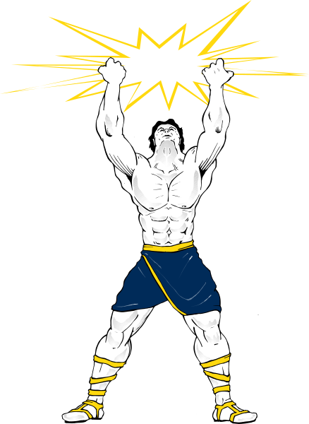 The black and white illustration shows a muscular man with an exaggeratedly large bicep flexing his arm while holding up two fingers in victory pose against a dark background.