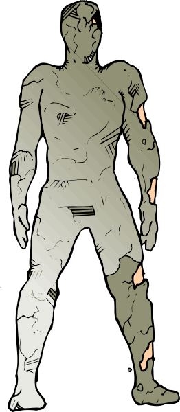 The image shows a black and white silhouette of an animated humanoid figure standing upright with its arms at sides against a dark background.