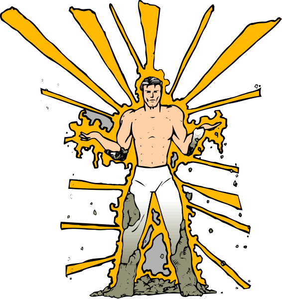 The image shows a comic book illustration of an animated male character with muscular build standing on what appears to be lava-like ground emanating from his hands; he is shirtless but wearing white pants, and has spiky hair. He's looking upwards towards the sun or light source that radiates behind him in a bursting pattern of yellow rays against black background with some splatter effects around it. The character seems to be exerting power from his hands as he stands confidently on this fiery ground, which is outlined by white lines suggesting boundaries within