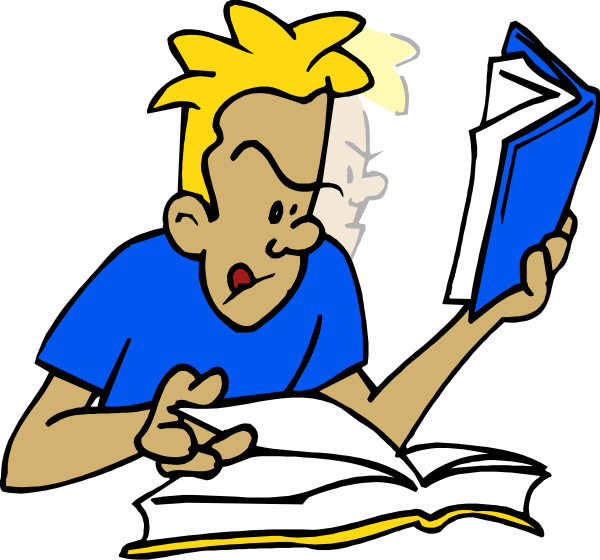 The image shows a cartoon of two panels with different expressions on an animated character's face while reading books; it is set in what appears to be a library environment as indicated by book spines visible behind him, and he has blonde hair.