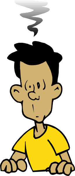 The image shows a cartoon of an animated boy with his head inside what appears to be a wall; he is looking upwards towards something that seems out-of-frame above him.