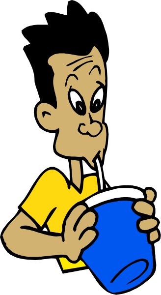 The cartoon shows a man holding an open blue cup with his mouth on it while standing next to what appears to be a window in front of which he is drinking from the cup.