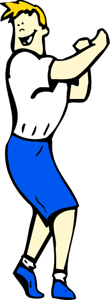 The image shows a cartoon of an animated male character with blonde hair wearing shorts, holding what appears to be a baseball bat in his right hand while standing on one leg against a dark background; he is smiling and looking upwards towards something off-frame.