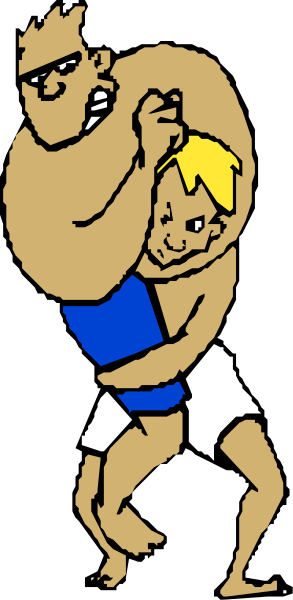 The cartoon shows two men wrestling; both have muscular builds with visible tattoos on their arms. One man is wearing a blue singlet while holding onto his opponent's leg in an attempt to bring him down, and he has short hair. His facial expression suggests determination or focus as the other man tries to defend himself by grabbing at the first wrestler's arm. The setting appears to be indoors with no specific details about location visible due to a lack of background elements within this cropped image.
