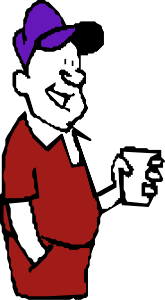 The image shows a cartoon of an adult male character with red hair wearing glasses standing next to another man who is holding up his hand in front of him as if he's about to make a point during their conversation, set against a black background that makes them stand out prominently.
