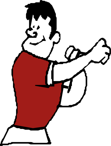 The image shows a cartoon of an athlete with exaggerated features wearing red sports attire; he is holding his arms out to either side in front of him while standing on one leg as if ready for action, and there's no background detail provided.