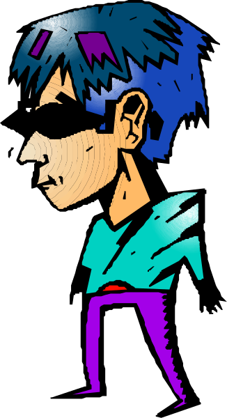 The image shows a stylized black and white illustration of an animated character with glasses on its face standing against what appears to be a purple background.