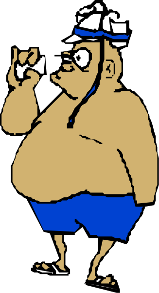 The image shows a cartoon of an overweight man wearing swimming trunks with his hands on hips while standing next to water.
