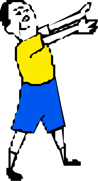 The image shows a cartoon of an animated boy pointing to his right with both hands raised above him while standing on what appears to be a black surface against a white background.