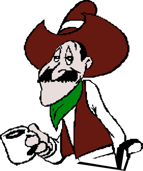 The cartoon depicts a man dressed as an old western cowboy with exaggerated features like large eyes and mustache holding a cup of coffee in his hand while standing next to another character who is also wearing a hat, but this one has horns on it suggesting he might be from the rodeo.