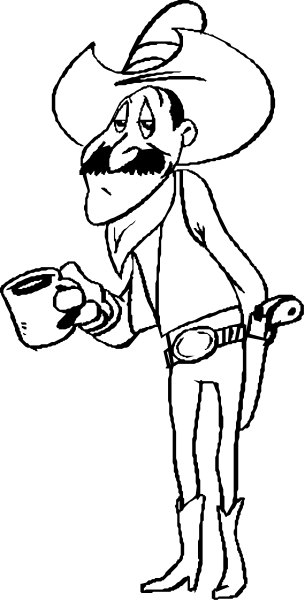 The black and white illustration shows a cartoon cowboy holding his hat with both hands while standing next to an old-fashioned coffee pot on top of what appears to be a stovepipe oven in front of him, set against a dark background that suggests it might be nighttime or indoors.