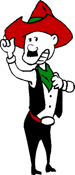 The image shows a cartoon character resembling an anthropomorphic cowboy with red hair wearing a white shirt and black pants pointing to his left while standing in front of what appears to be a building facade, which is gray on top and brown at bottom; there's no text present.