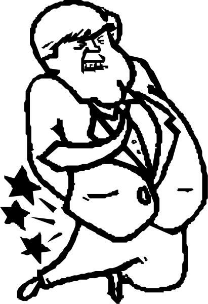 The black and white cartoon shows a man with an exaggeratedly large stomach standing upright on his hands while wearing formal attire; he is depicted in profile facing left against a dark background.