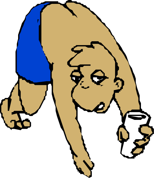 The cartoon shows a man leaning over with his head down while holding an object that resembles beer; he is wearing blue shorts and appears to be in motion as if running on all fours towards something off-frame, which could possibly be another person or animal due to its positioning but not clearly visible.