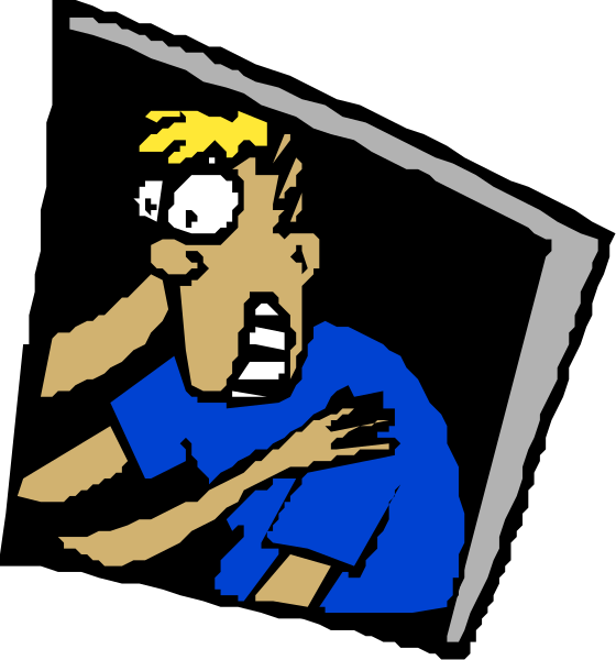 The image shows a cartoon of an animated character with exaggerated facial features looking out from behind what appears to be a window frame into another room where there is no visible content; it's just blackness, and we can only see that something has caught his attention in this other space as he looks surprised or shocked.