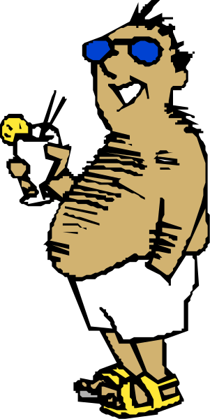 The cartoon depicts a man holding an ice cream cone while standing on what appears to be a beach with sand underfoot; he is wearing sunglasses over his eyes and has no shirt on.