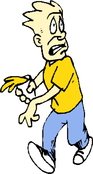 The image shows a cartoon of an animated character with yellow hair running away from something while looking back over his shoulder.