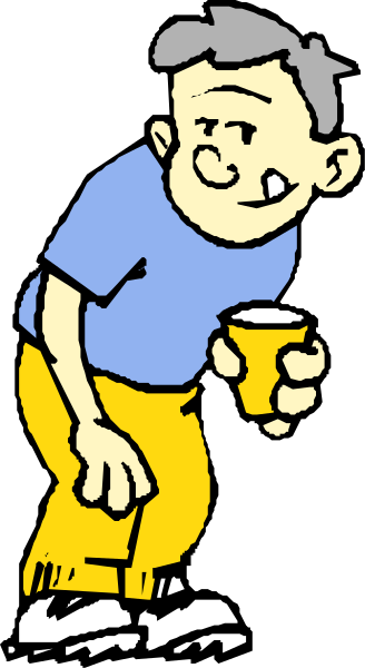 The cartoon shows a man leaning forward with his hand on his knee; he is wearing yellow pants and holding what appears to be an object in one of his hands while looking down at it.