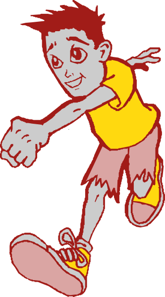 The image shows a cartoon of an animated boy with red hair running on what appears to be a sidewalk next to some graffiti-style text that reads "GRAFFITI."