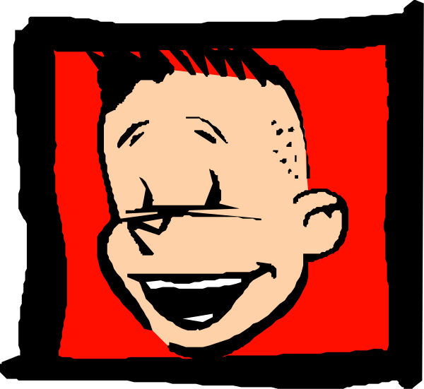 The image shows a cartoon of a boy with spiky hair wearing glasses, smiling broadly at an unseen audience while standing in front of what appears to be a red background.