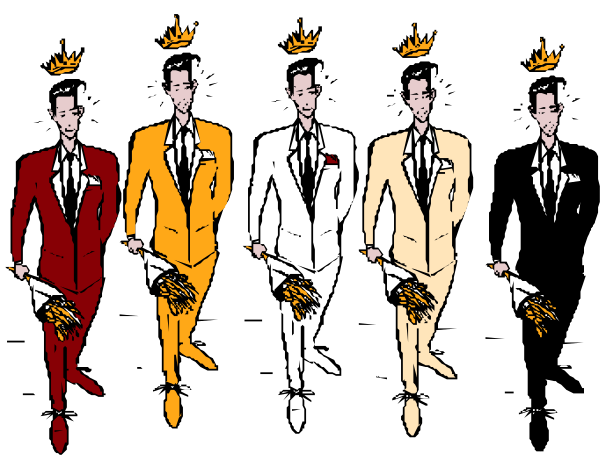 The image shows a sequence of five men dressed as James Bond characters from different movies; each man is wearing a suit with unique color combinations: black-and-white for "Dr No," red-orange for "From Russia With Love," yellow and gold for "Goldfinger," blue and white for "Thunderball," and green and silver for an unidentified movie. They are all standing in front of each other, facing the same direction with their backs to us; they appear to be posing as if ready for action or a formal event.